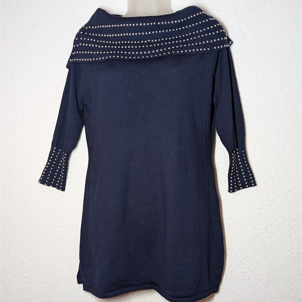 Questions Sweater Women Sz XL Navy Blue Nautical Cozy Soft Studded Cowl Neck